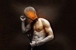 light bulb man surrealism current glow lamp filament stock photo