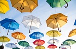umbrellas colorful hang parasols art artwork installation open stock photo