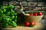 olive oil tomatoes basil eat mediterranean healthy kitchen stock photo