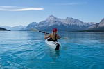 girl kayak lake canoe kayaking paddle paddling boat stock photo