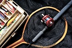 fishing rod gear box roll håv nets stock photo