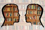 silhouette head bookshelf knowledge information collected library dictionary stock photo