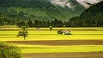 field valley landscape countryside meadow farm rural hut stock photo