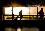airport terminal man travel travelers passengers silhouettes backlighting stock photo
