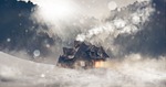 winter snow house landscape log cabin trees fog stock photo