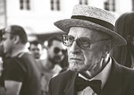 man retro fashion bowtie hat glasses old elderly stock photo