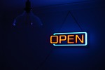 open sign neon lights illuminated signage dark light stock photo