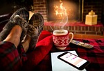 christmas wallpaper relaxing lounging saturday cozy fireplace winter stock photo