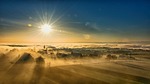 village sunlight fields town townscape fog landscape nature stock photo