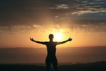 morning sunrise woman silhouette sunlight nature peace sky stock photo