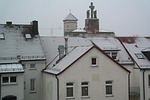houses city apartments church foggy wintry cold cloudy stock photo