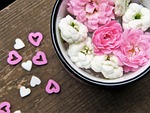 blossoms heart cup wood pink happy mothers day stock photo