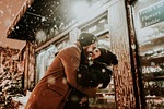 happy valentines day love kiss romance together snow stock photo