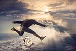 clock jump hurry alarm time hop man stumble stock photo