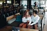 pair romantic couple prewedding happy cafe smile love stock photo