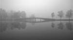 foggy fog water bridge autumn morning still atmosphere stock photo