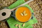 pumpkin soup cream of orange seeds eat meal stock photo