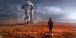 fantasy elephant man composite surreal tusks trunk giant stock photo