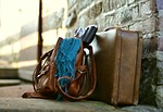 suitcase leather old luggage travel turned off backpack stock photo