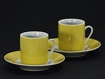 cups yellow coffee dishes stock photo