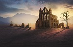 ruin monastery graves nature fantasy lighting mood sunlight stock photo