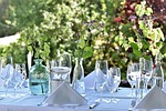 party garden dinner summer meal enjoy cover table stock photo