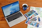 workplace communication mac to travel cards plan design stock photo