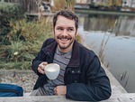 man coffee outdoors lake lakeside drink portrait relaxation stock photo