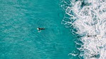 blue beach surf travel surfer drone view ocean stock photo