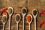 spices kitchen ingredients flavor spoon pepper food table stock photo