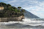 sea waves camogli genoa city tourism italy storm stock photo