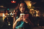 woman coffee phone portrait lady bar street girl stock photo