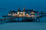 resort beach seaside restaurant sea bridge sellin baltic stock photo