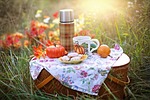 autumn tea fall picnic drink orange cookies treat stock photo