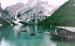 boats nature outdoors lake pragser wildsee mountains italy stock photo
