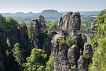 bastei bridge forest panorama trees woods rocks rock stock photo
