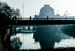 city berlin haze people bridge flow silhouette fog stock photo
