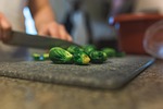 brussel sprouts cooking vegetables fresh green kitchen stock photo