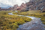 caucasus russia elbrus river stream mountains sun hike stock photo