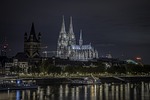 cologne cathedral night time rhine river church dom stock photo