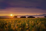 sun sunrise field cabin house hut morning sky stock photo