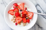cereal food breakfast strawberries sliced fruit healthy nutrition stock photo