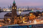 port clock tower hamburg architecture landmark harbor cranes stock photo