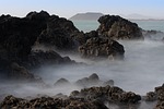 coast sea fog rocky rocks mist seaside ocean stock photo
