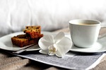 coffee breakfast bed food cake pastry drink beverage stock photo