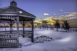 snow gazebo winter cold white landscape park frozen stock photo