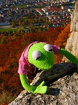 climb rock kermit frog stock photo