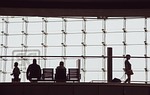 silhouettes people bank suitcase building structure to travel stock photo