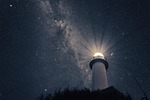 lighthouse starry sky universe milky way ishigaki island stock photo