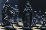 chess black pieces fantasy strategy game queen piece stock photo